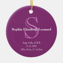 Newborn baby statistic monogram keepsake purple ornaments