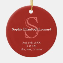 Newborn baby statistic monogram keepsake red ornaments