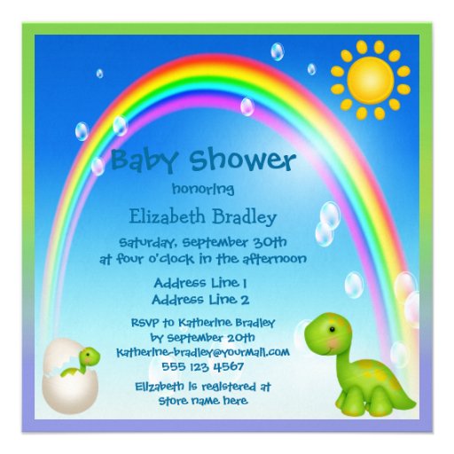 Newly Hatched Dinosaur Rainbow Baby Shower Invitations (front side)