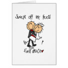 postcard - A cute stick figure bride and groom design on First Dance T-shirts, mugs, cards, postage, stickers, magnets, and other items featuring a bride and groom's first dance and text that reads "Swept Off My Feet! First Dance".