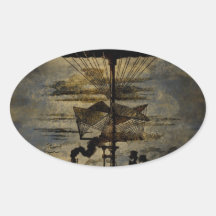 Night Flight Steampunk Flying Machine Oval Sticker