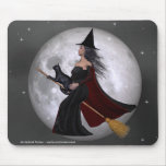 Night Ride :: Witch & Her Cat Riding in the Night Mouse Pads