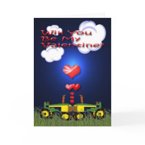 Night Time 2 Green Tractors Kissing Valentine Card
