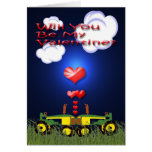 Night Time 2 Green Tractors Kissing Valentine Card