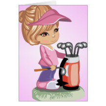 Niña rubia que juega a golf tarjeta