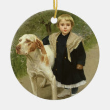 Niño joven y un perro grande (aceite en lona) adorno de navidad