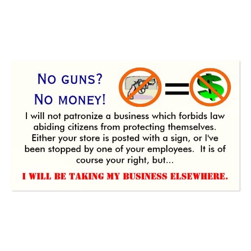 No guns = No money business card (front side)