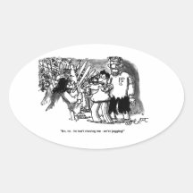 "No, no - he isn't chasing me- we're jogging!" Oval Sticker