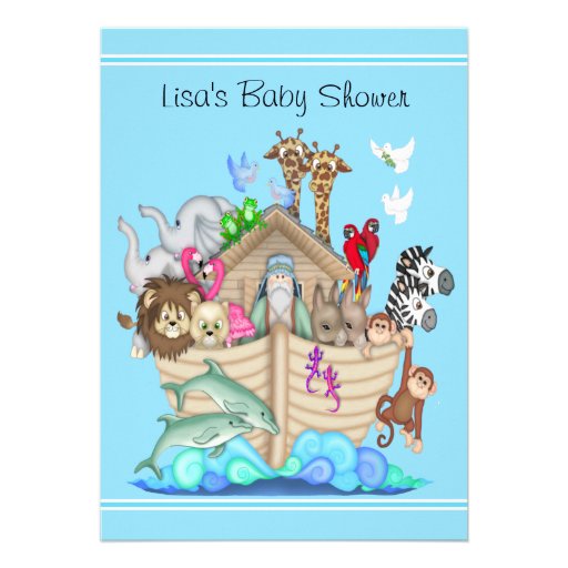 ark baby shower invitations with a aqua blue background and noah s ark ...