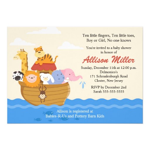 Noah's Ark Boy or Girl Baby Shower Personalized Invite