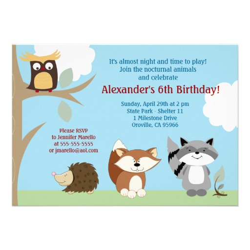 Nocturnal Forest Animals 5x7 Birthday Invitation