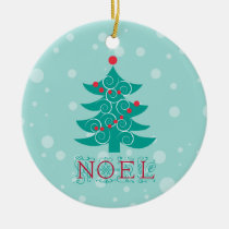 Noel with christmas tree round ceramic ornament