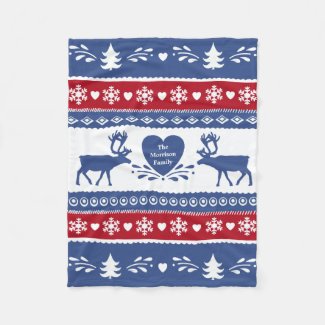 Nordic reindeer, snowflake, heart and tree pattern fleece blanket