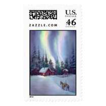 NORTHERN LIGHTS & LOG CABIN by SHARON SHARPE Postage Stamp