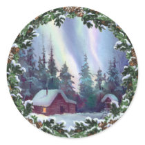 NORTHERNLIGHTS LOG CABIN & WREATH by SHARON SHARPE Sticker