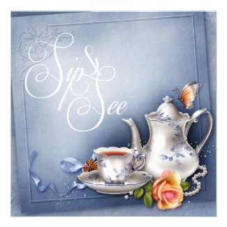 Nostalgic Blue Tea Time Sip and See Baby Shower Announcements