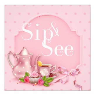 Nostalgic Pink Tea Time Sip and See Baby Shower Invites