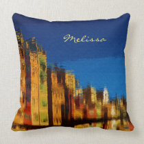 Nostalgic Retro Buildings Reflections Blue Sky Throw Pillows