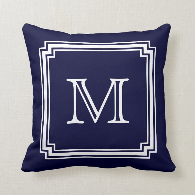 Notched Corner Frame Navy Blue Background Monogram Throw Pillows