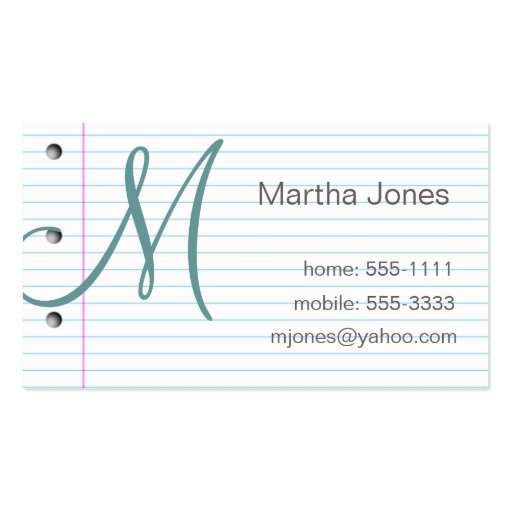 Notebook paper business cards (#BUS 027) (front side)