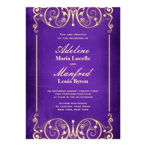 Nouveau Victorian: Pale Gold & Aubergine Wedding Invitations