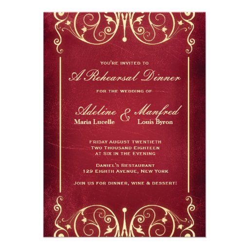 Nouveau Victorian: Red & Gold Rehearsal Dinner Announcements