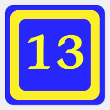 number 13, blue background, yellow frame square stickers