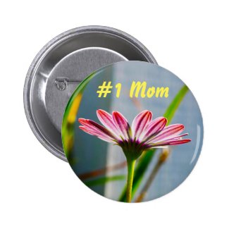 Number 1 Mom Pink Flower Pin 2 Inch Round Button