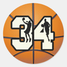 Number 34 Basketball Round Stickers