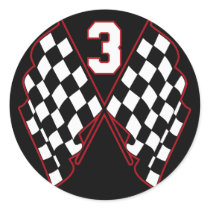 NUMBER 3 AND CHECKERED FLAGS ROUND STICKER