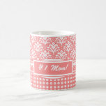 Number One #1 Mom! Peach and White Damask Coffee Mug