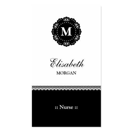 Nurse Elegant Black Lace Monogram Business Cards (front side)