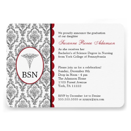 Nurse Graduation BSN RN black burgundy damask Personalized Invite (front side)