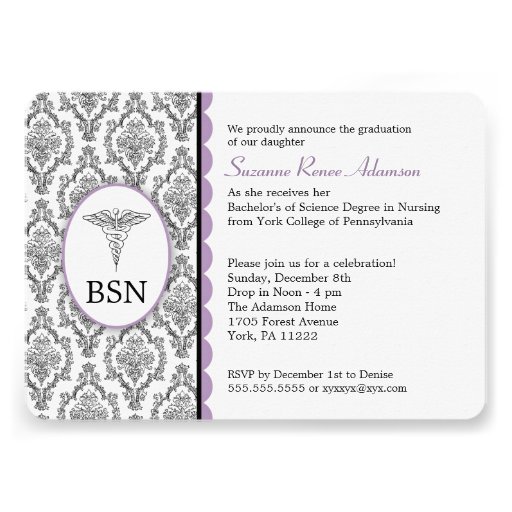 Nurse Graduation BSN RN black lavender damask Card (front side)