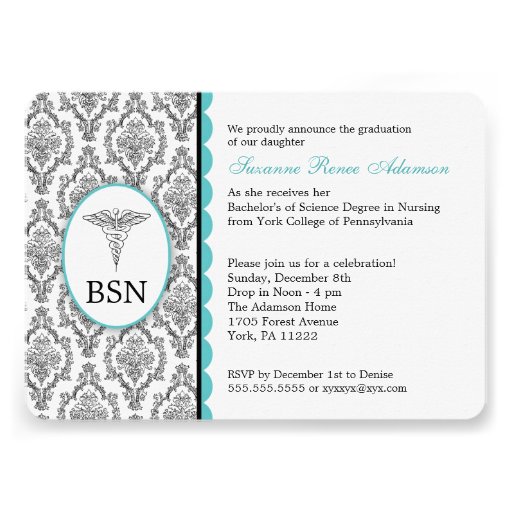 Nurse Graduation BSN RN black turquoise damask Custom Invites (front side)