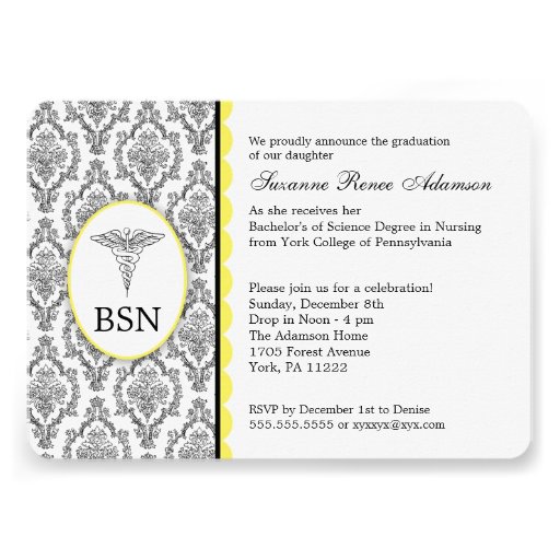 Nurse Graduation BSN RN black yellow damask Personalized Announcements (front side)