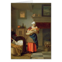 Nursemaid with baby in an interior greeting card