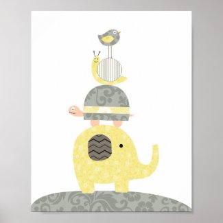 Nursery art illustration elephant bird turtle poster