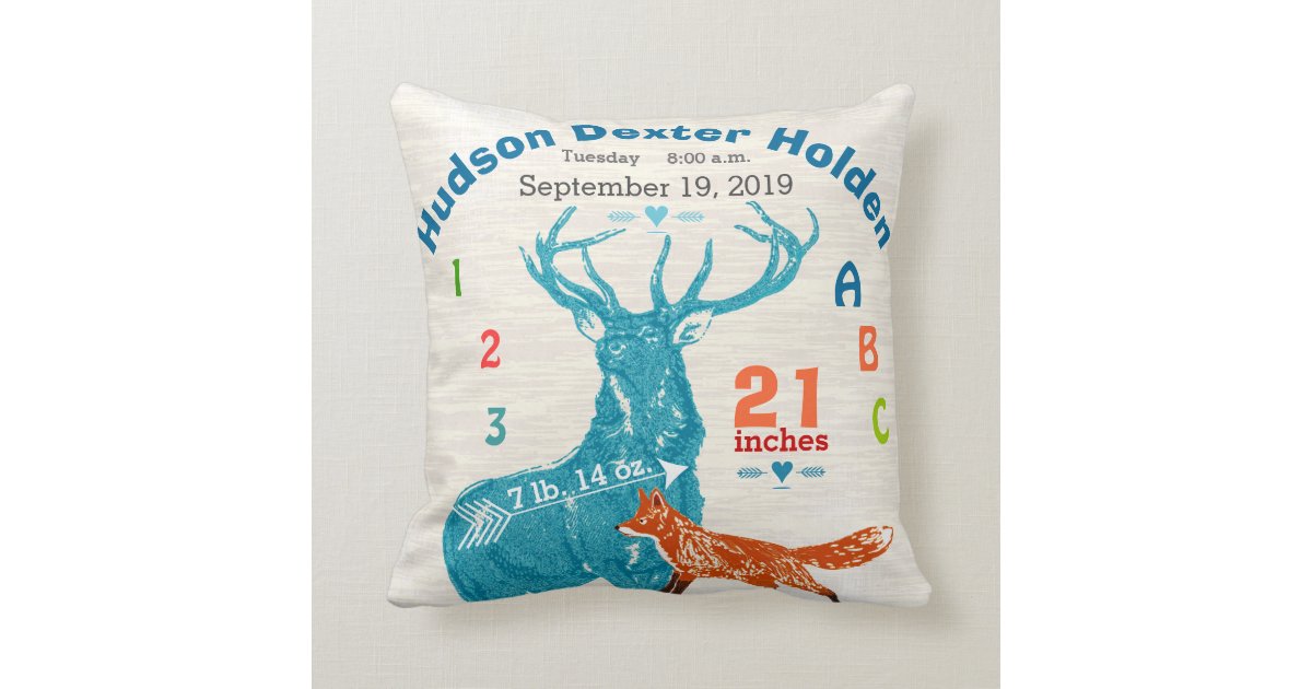 Nursery Baby Boy Birth Stat Fox Deer Arrow Throw Pillow Zazzle