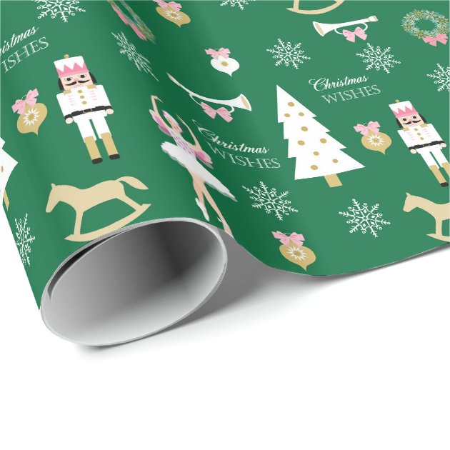 Nutcracker, tree and Ballerina Christmas Wishes Wrapping Paper 3/4