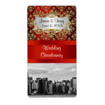 NY City ER Skyline BW Damask Party Wine Label