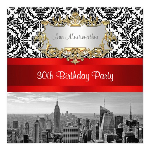 NY City Skyline BW 432 Damask Birthday Party Custom Announcement