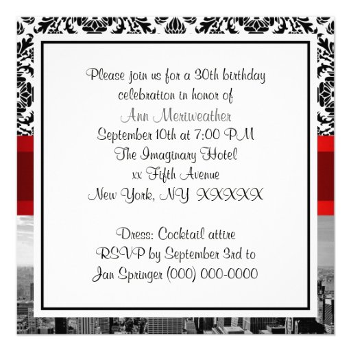 NY City Skyline BW 432 Damask Birthday Party Custom Announcement