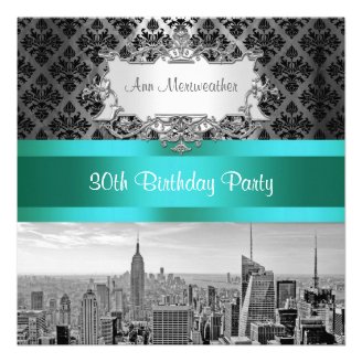 NY City Skyline BW B3 Damask Birthday Party Invite