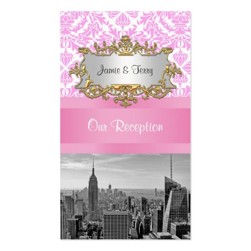 NY City Skyline BW D4P Pink Damask Escort Cards Business Card Templates (front side)