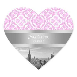 NY City Skyline BW D4P Pink White Damask Heart Stickers
