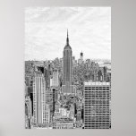 NY City Skyline Empire State Building, WTC Etch BW Posters