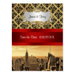NY City Skyline Sepia B4 Damask Save the Date Postcards