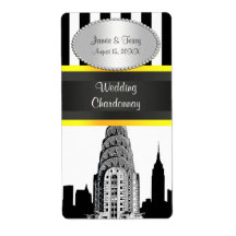 NYC Chry Etched Skyline BW Stripe Yel P Wine Label