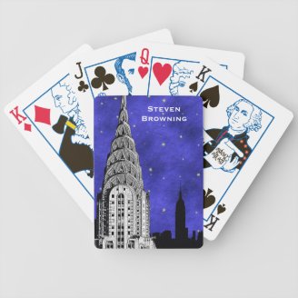 NYC Chrysler Bldg, Skyline Silhouette Blue Starry Playing Cards